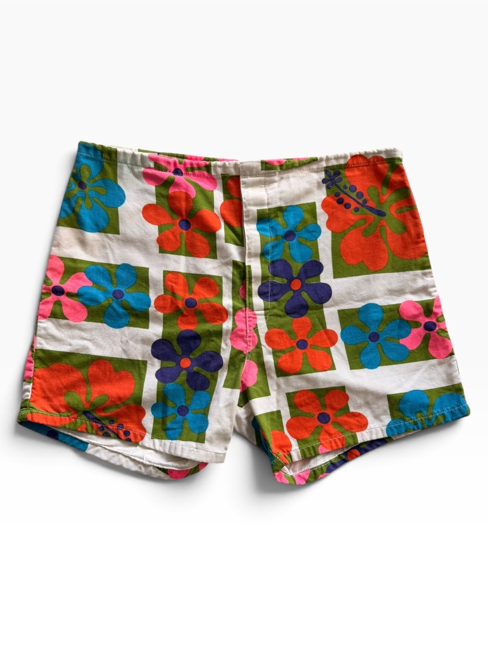 Vintage Hawaiian Cotton Shorts Mod Hibiscus Floral Drawstring 60s 70s